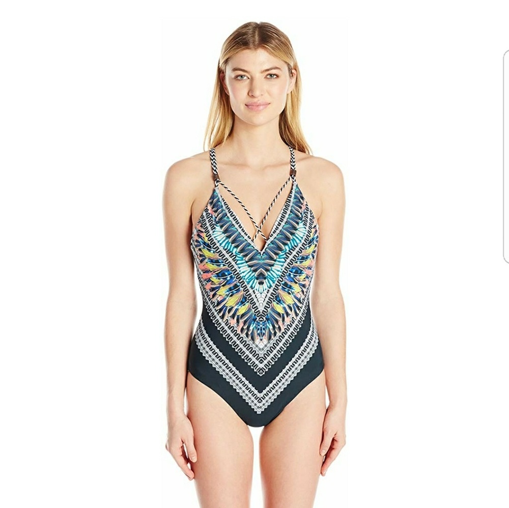 Red Carter Feather Warrior Strappy Bathing Suit